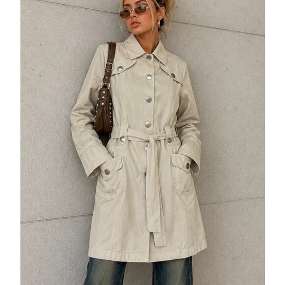 Vintage Jackets & Blazers - Vintage Renounce Beige Belted cavas Trench Coat Jacket Y2K Minimalist indie S